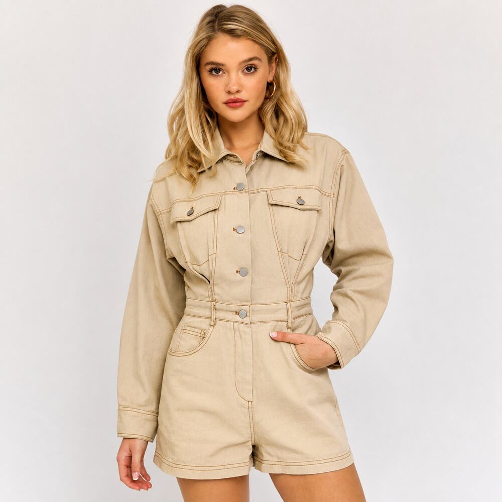 Le Lis Taupe Denim Utility Romper S Balloon Sleeve Safari Western Workwear 90s